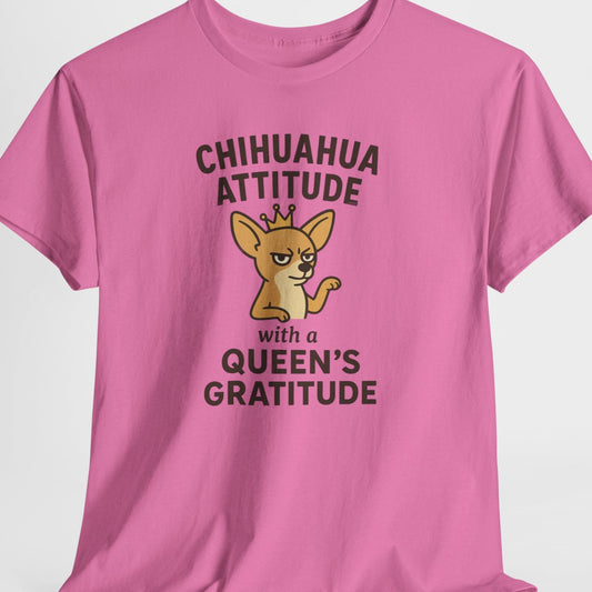 Pink t-shirt with a chihuahua graphic and text on a white background