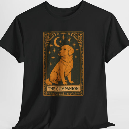 Black t-shirt with a dog illustration and 'The Companion' text on a white background