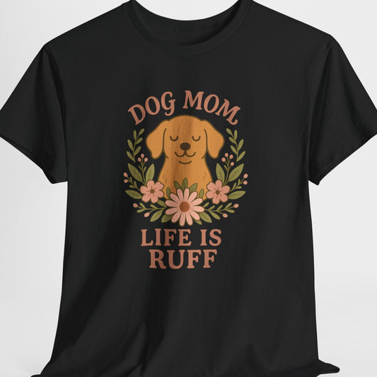 Black t-shirt with a dog-themed graphic and text on a white background