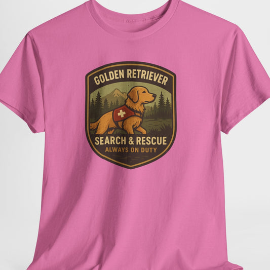 Pink t-shirt with a Golden Retriever search and rescue graphic on a white background