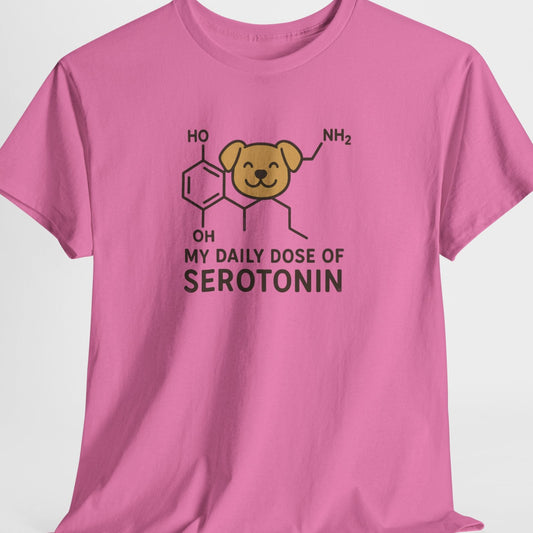 Pink t-shirt with a dog molecule graphic and text on a white background