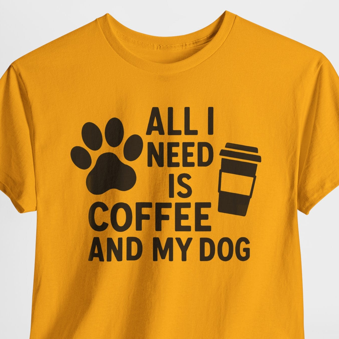 Yellow t-shirt with black text and graphics on a white background