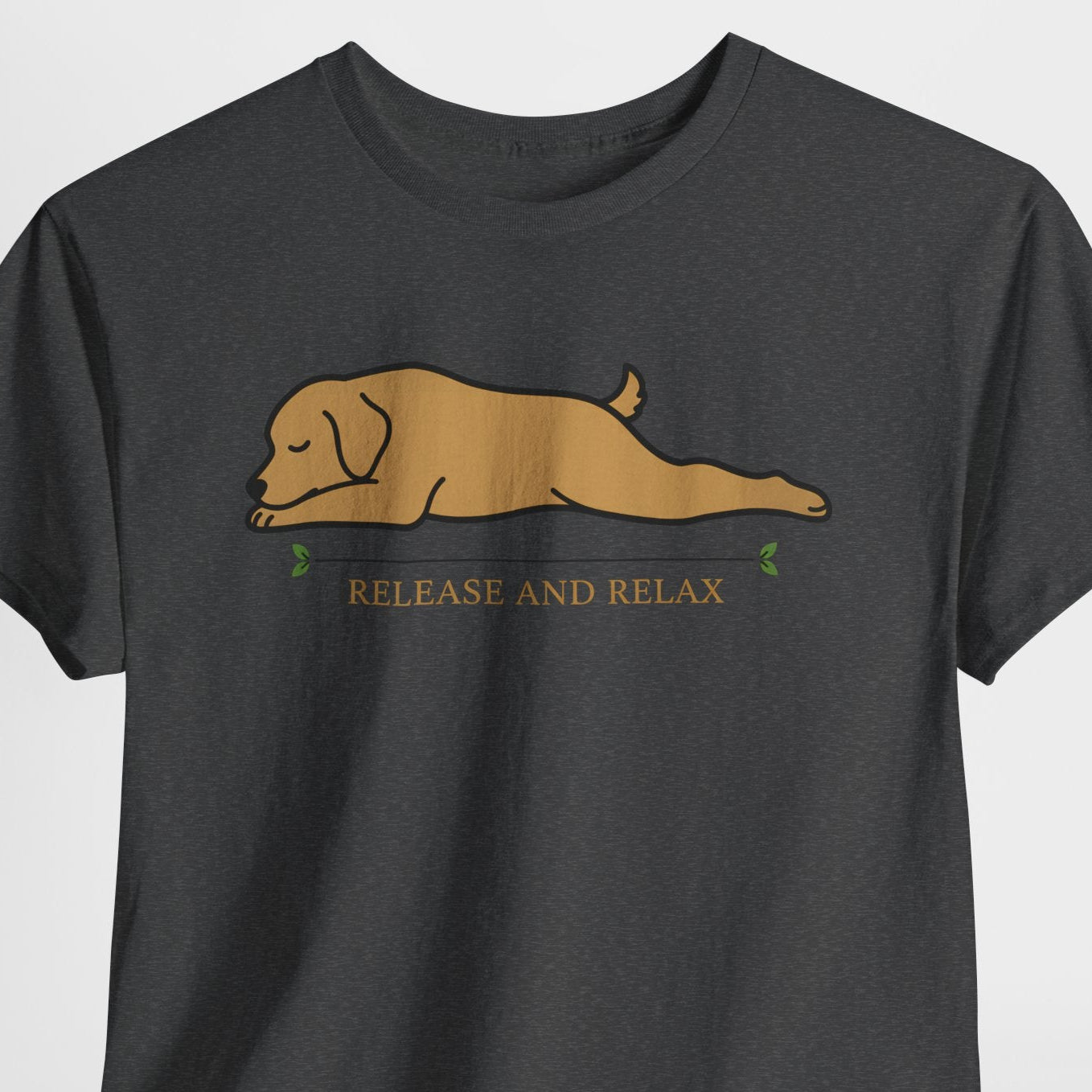 Black t-shirt with a dog graphic and 'Release and Relax' text on a light gray background