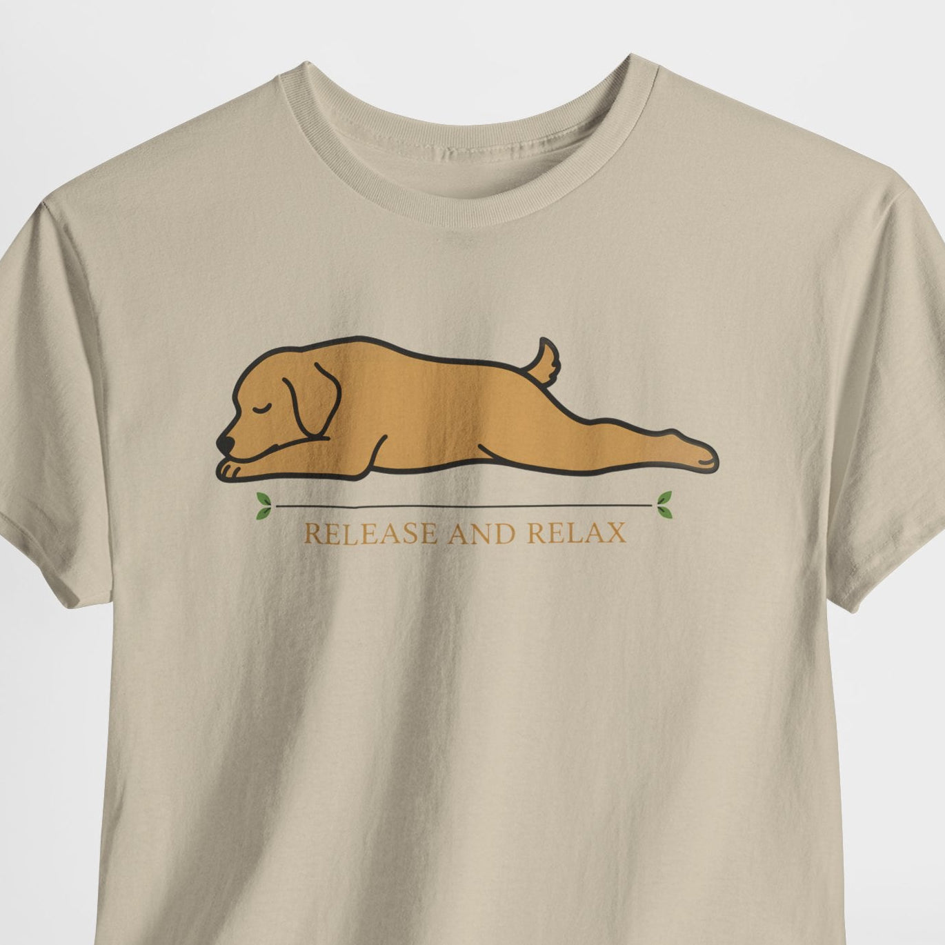 Beige t-shirt with a dog graphic and 'Release and Relax' text on a white background