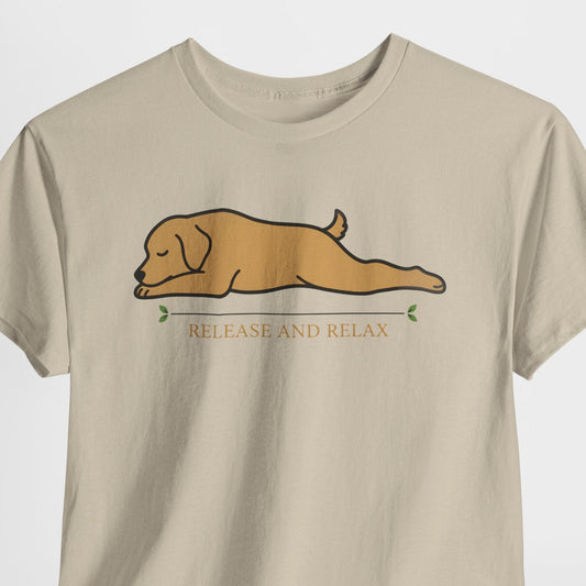 Beige t-shirt with a dog graphic and 'Release and Relax' text on a white background