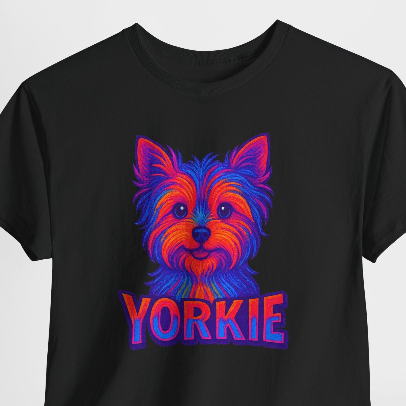 Black t-shirt with colorful dog graphic and 'YORKIE' text on a white background