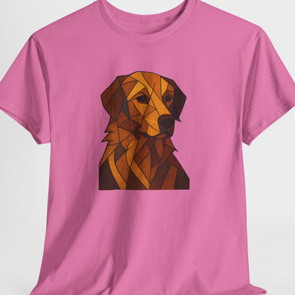 Pink t-shirt with a geometric dog illustration on a white background
