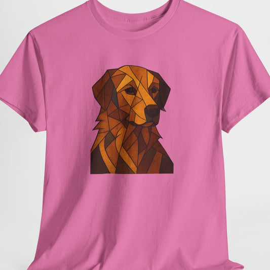 Pink t-shirt with a geometric dog illustration on a white background