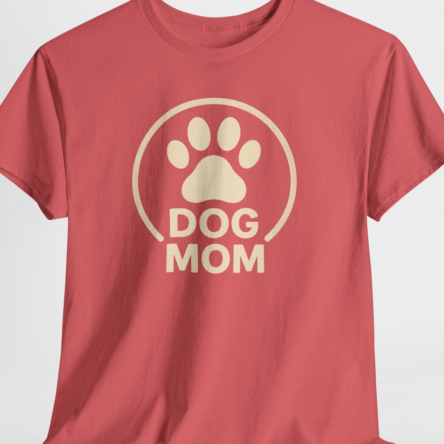 Red t-shirt with 'Dog Mom' graphic on a light gray background