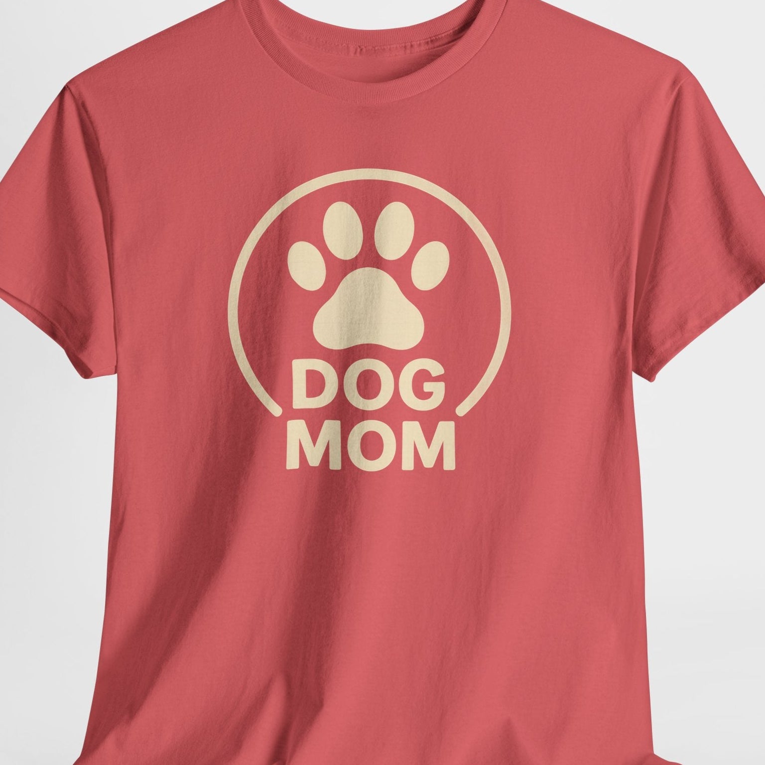 Red t-shirt with 'Dog Mom' graphic on a light gray background
