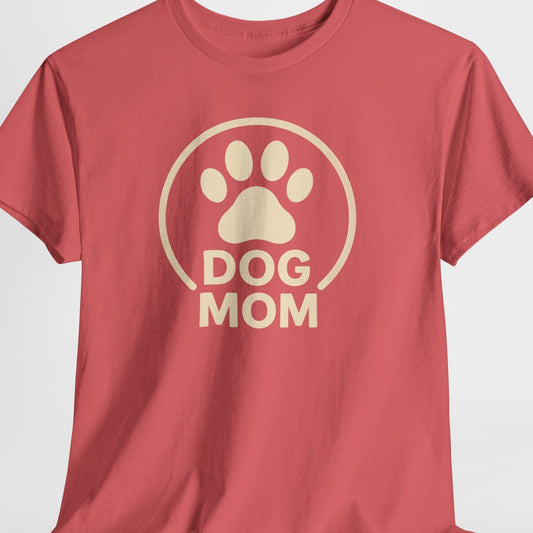 Red t-shirt with 'Dog Mom' graphic on a light gray background