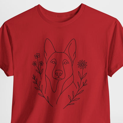 Red t-shirt with a black line drawing of a dog and flowers on a white background