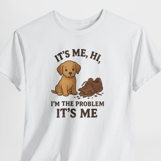 White t-shirt with a dog graphic and text on a white background