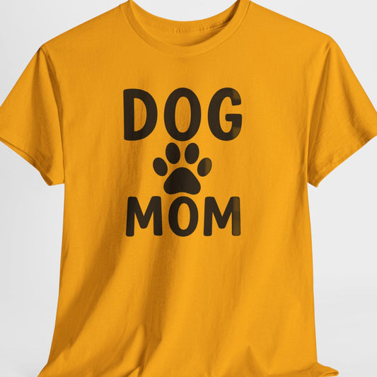 Yellow t-shirt with 'DOG MOM' text and paw print on a white background