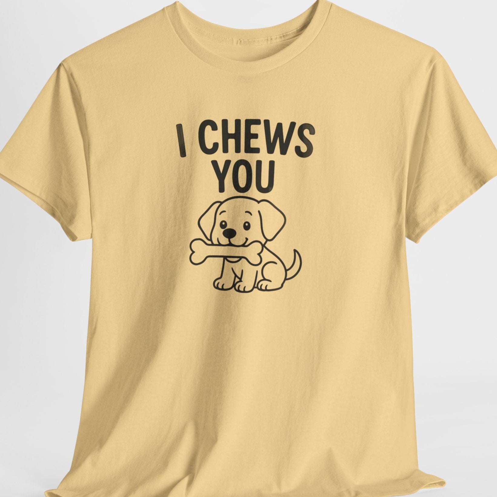 Beige t-shirt with 'I Chews You' graphic on a light gray background