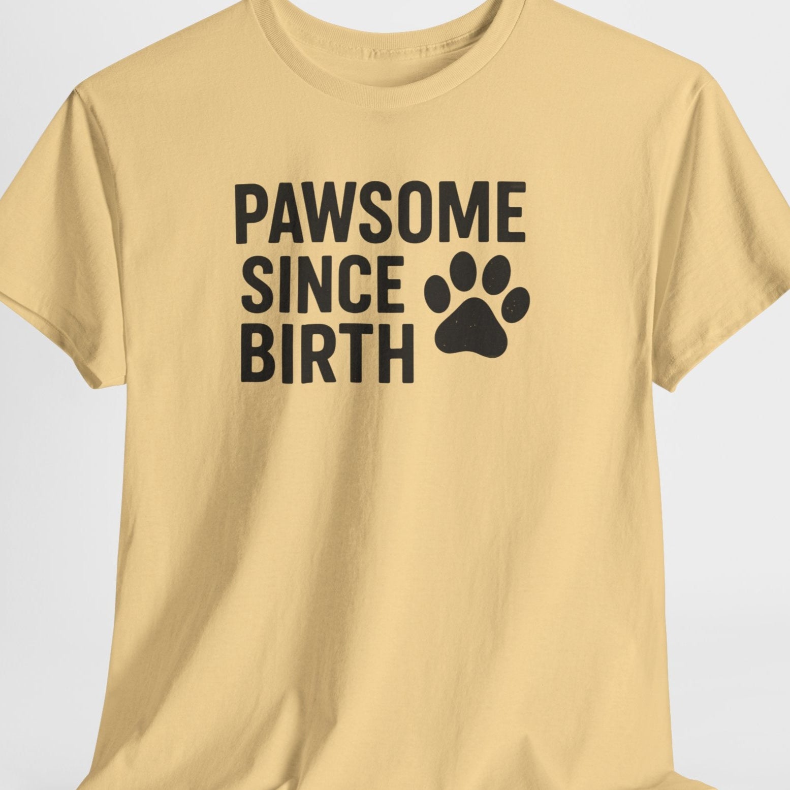 Beige t-shirt with 'PAWSOME SINCE BIRTH' text and paw print on a light gray background