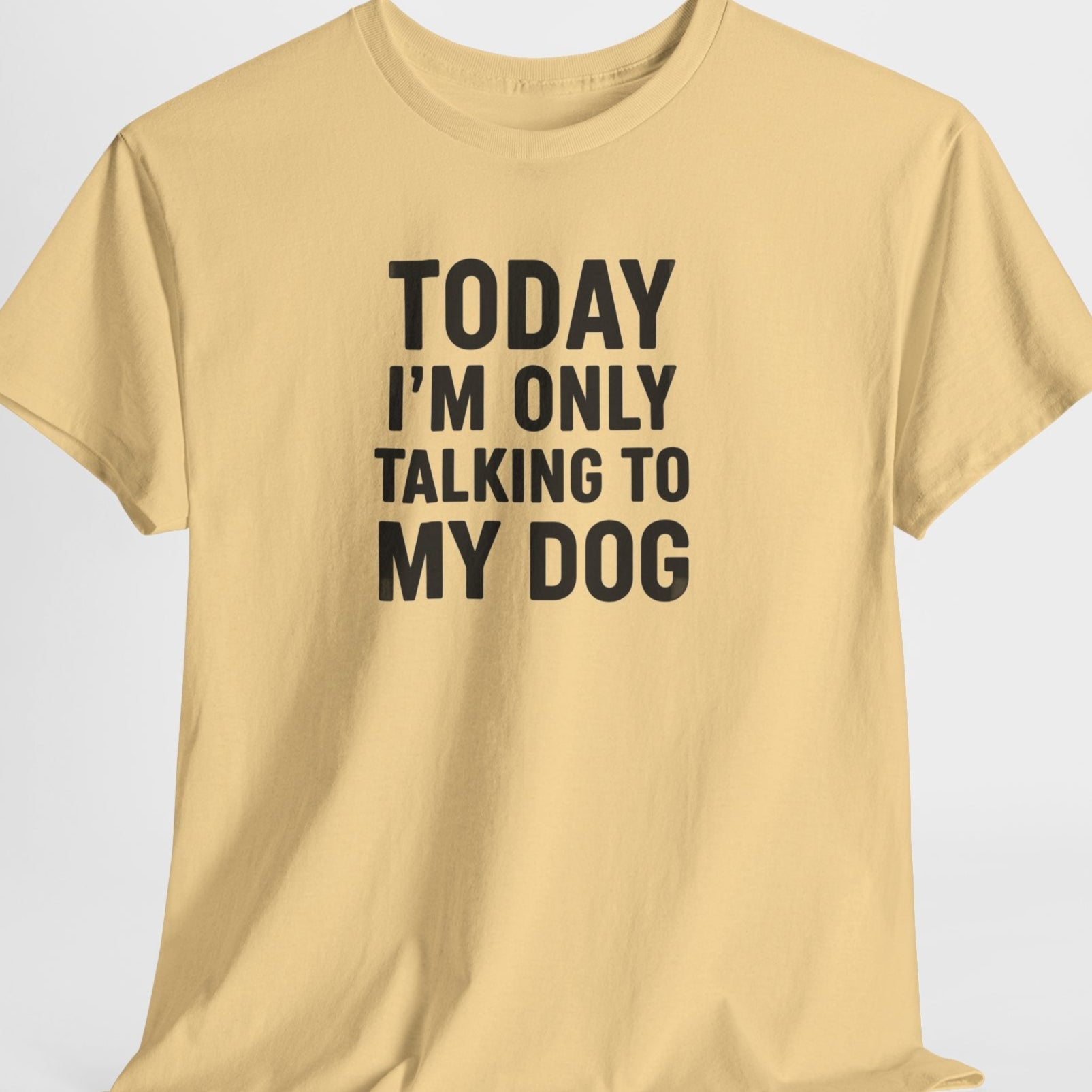 Beige t-shirt with text 'Today I'm only talking to my dog' on a light gray background