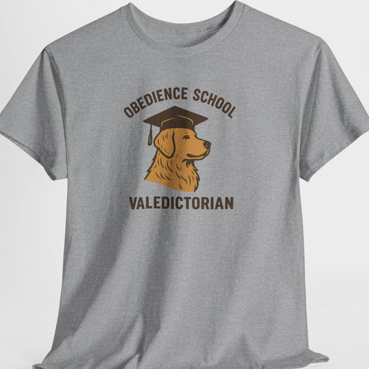 Gray t-shirt with a dog graphic and text on a white background