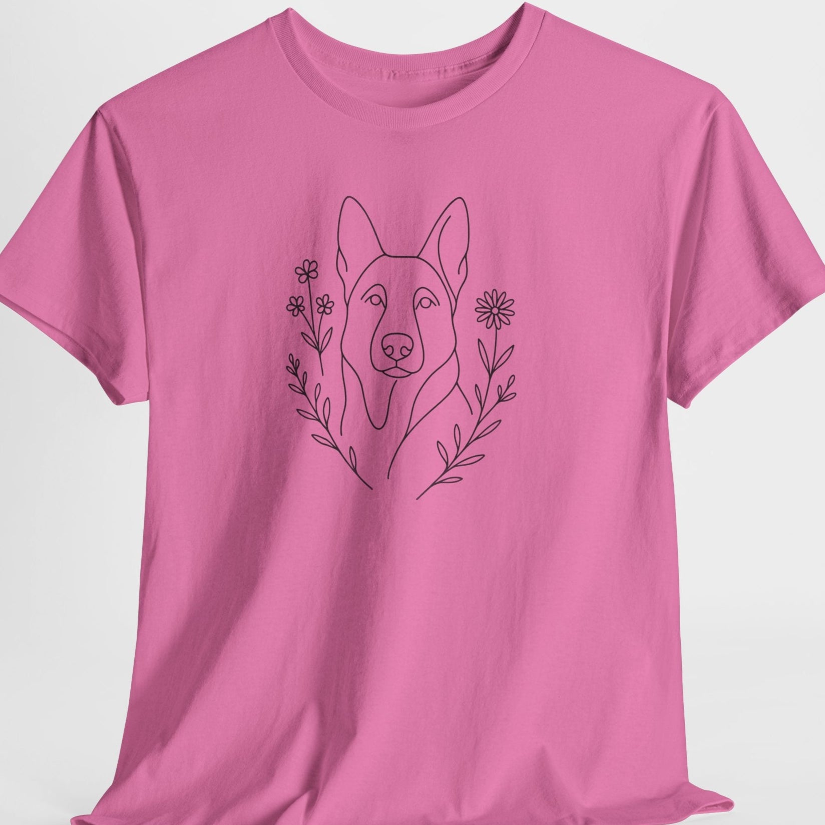 Pink t-shirt with a dog illustration on a white background
