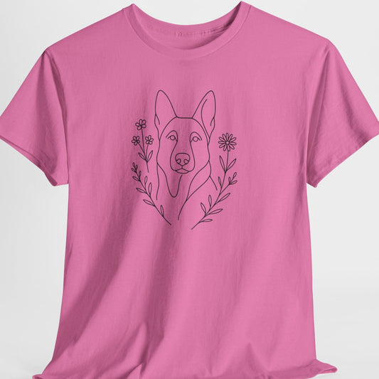 Pink t-shirt with a dog illustration on a white background