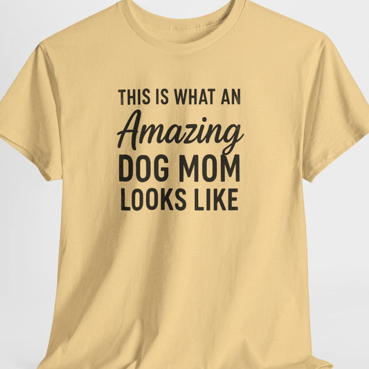 Beige t-shirt with black text on a light gray background