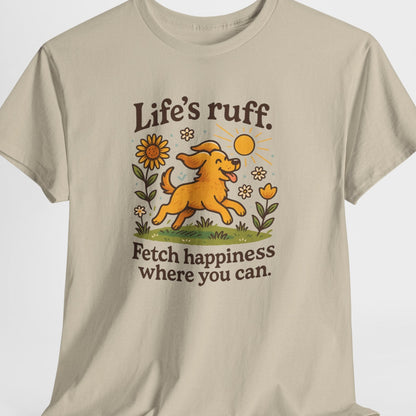 Beige t-shirt with a dog graphic and text on a white background