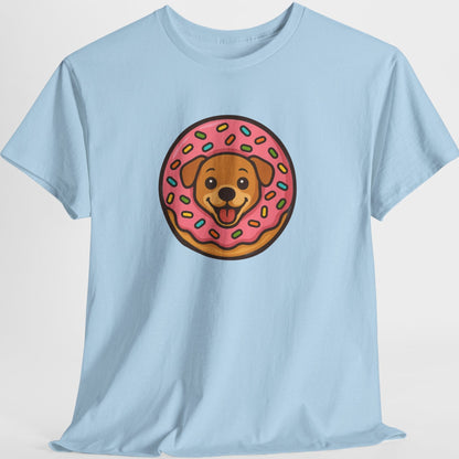 Light blue t-shirt with a cartoon dog in a donut graphic on a white background