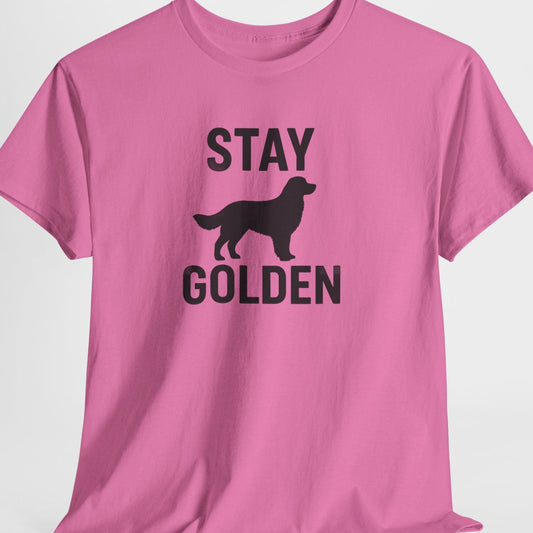 Pink t-shirt with 'Stay Golden' text and dog silhouette on a white background