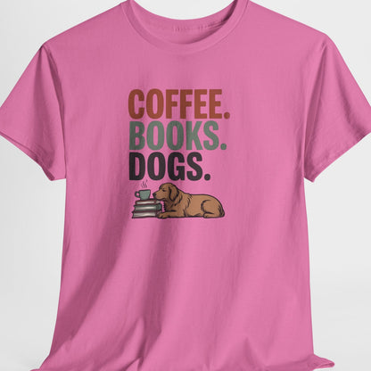 Pink t-shirt with 'Coffee. Books. Dogs.' text and a dog graphic on a white background