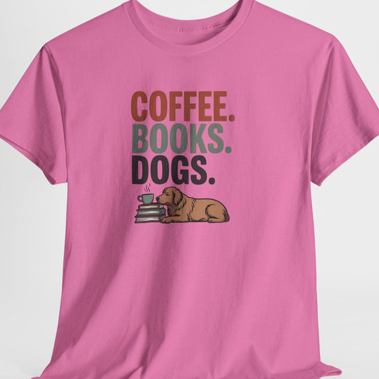 Pink t-shirt with 'Coffee. Books. Dogs.' text and a dog graphic on a white background