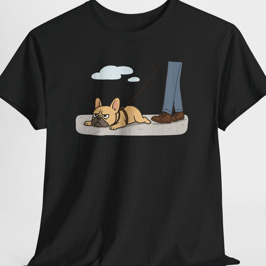 Black t-shirt with a graphic of a dog lying on a bed next to a person's feet on a white background