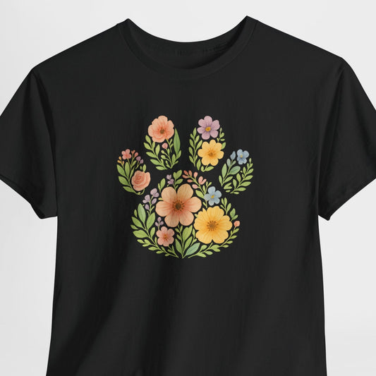 Black t-shirt with floral paw print design on a white background
