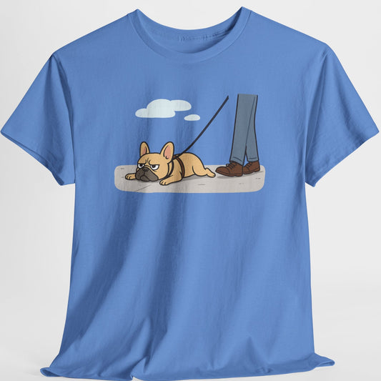 Blue t-shirt with a graphic of a dog on a leash and person's feet on a white background