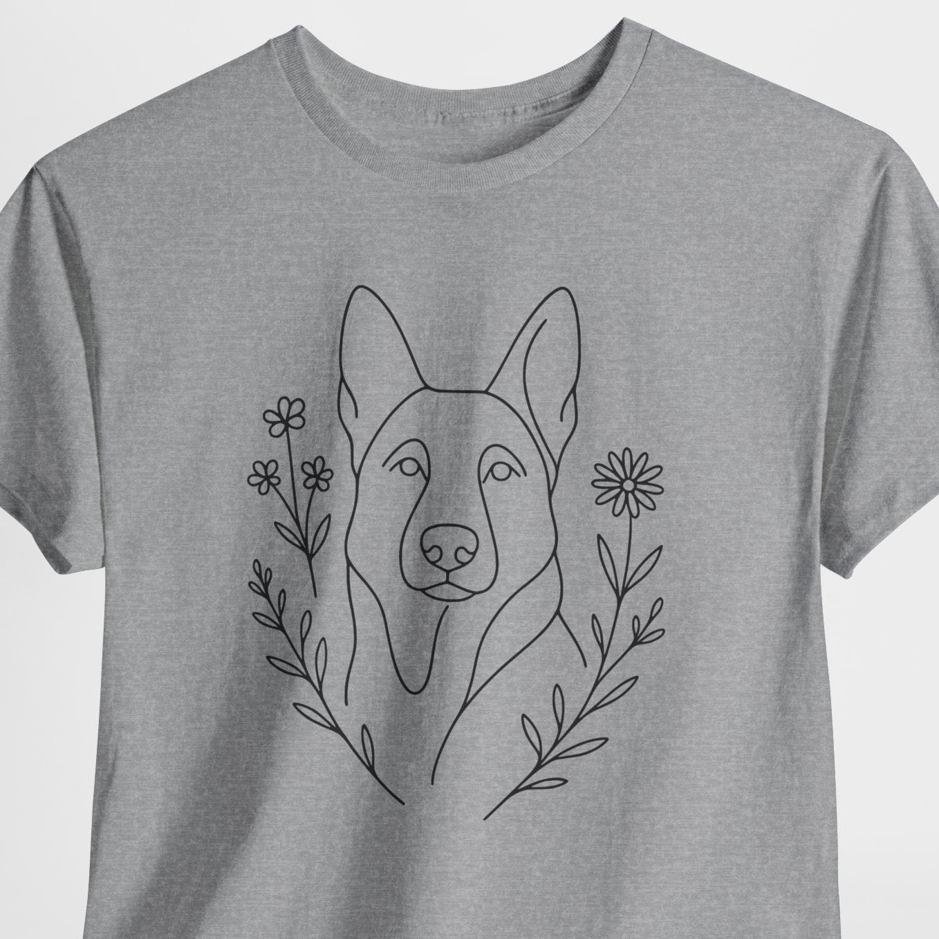 Gray t-shirt with a dog illustration and floral elements on a white background