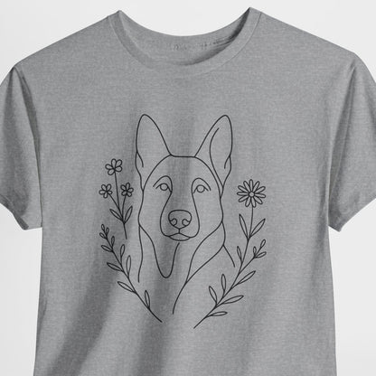 Gray t-shirt with a dog illustration and floral elements on a white background