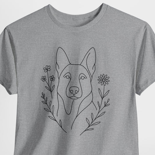 Gray t-shirt with a dog illustration and floral elements on a white background
