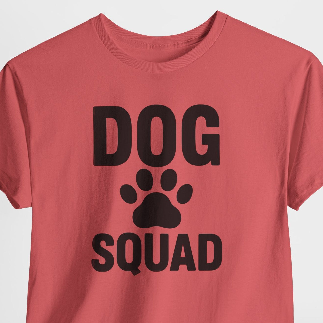 Red t-shirt with 'DOG SQUAD' text and paw print on a light gray background