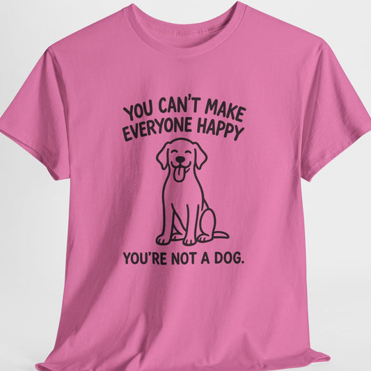 Pink t-shirt with a dog graphic and humorous text on a white background