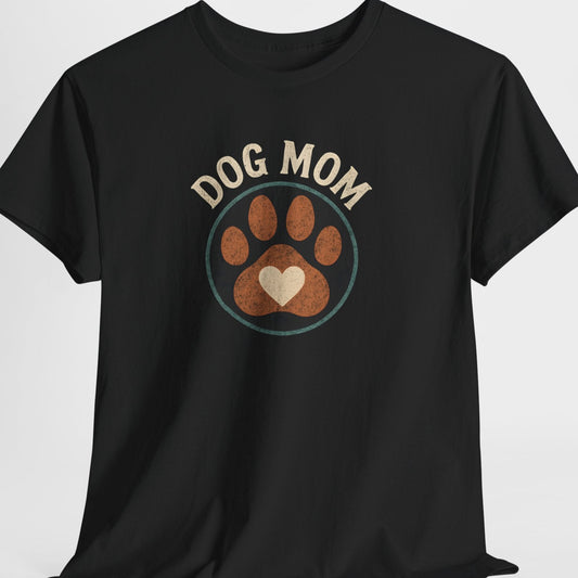 Black t-shirt with 'Dog Mom' and paw print design on a white background