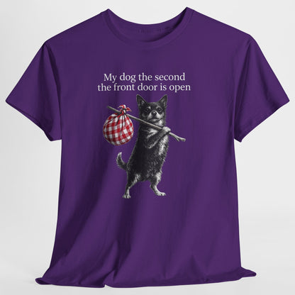 Purple t-shirt with a graphic of a dog and text on a white background