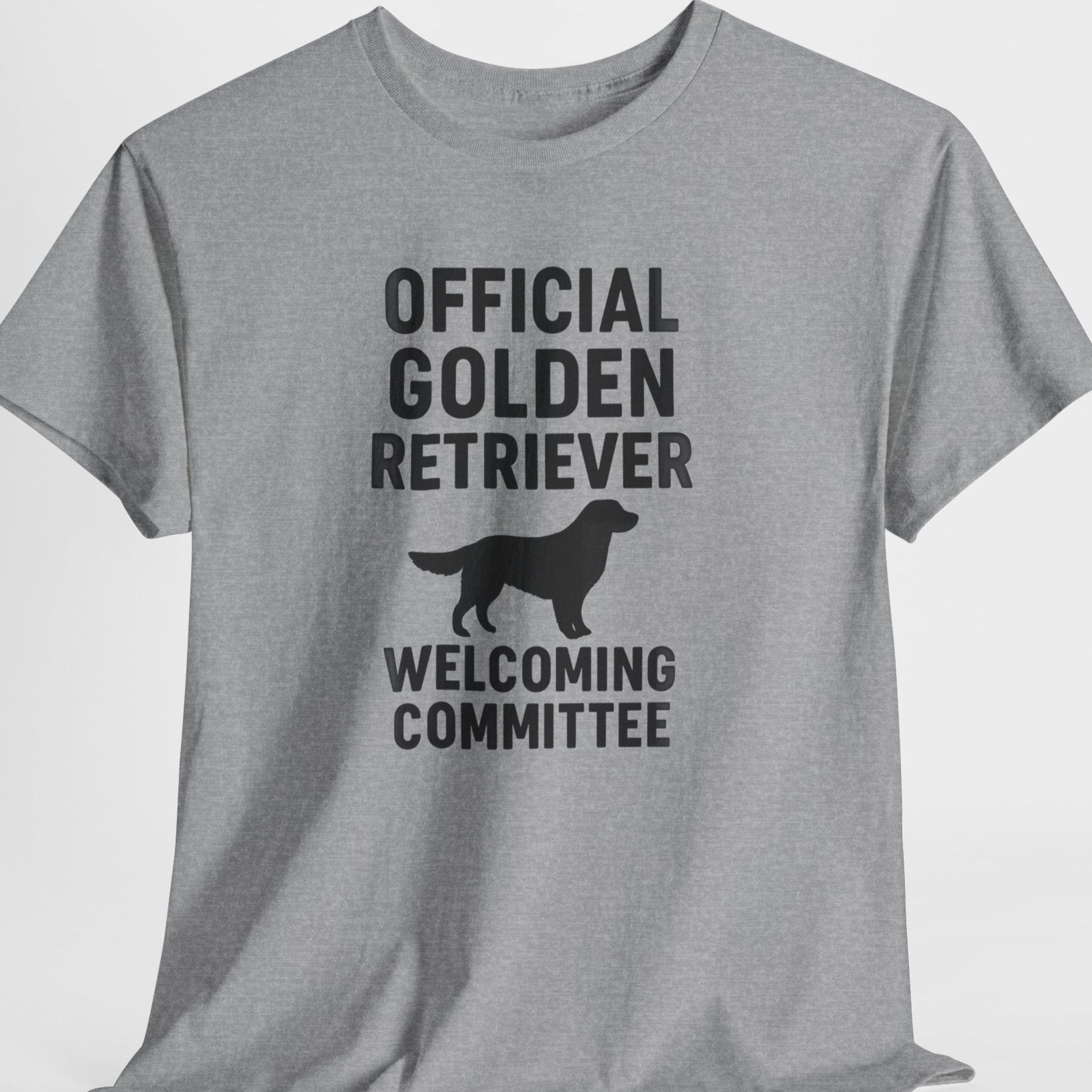 Gray t-shirt with black text and a dog silhouette on a white background