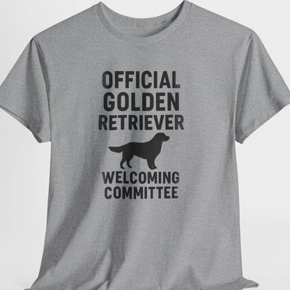 Gray t-shirt with black text and a dog silhouette on a white background