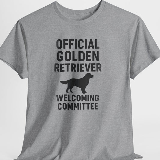 Gray t-shirt with black text and a dog silhouette on a white background