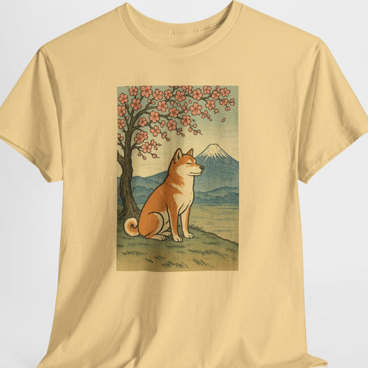 Beige t-shirt with a dog and cherry blossom tree graphic on a white background