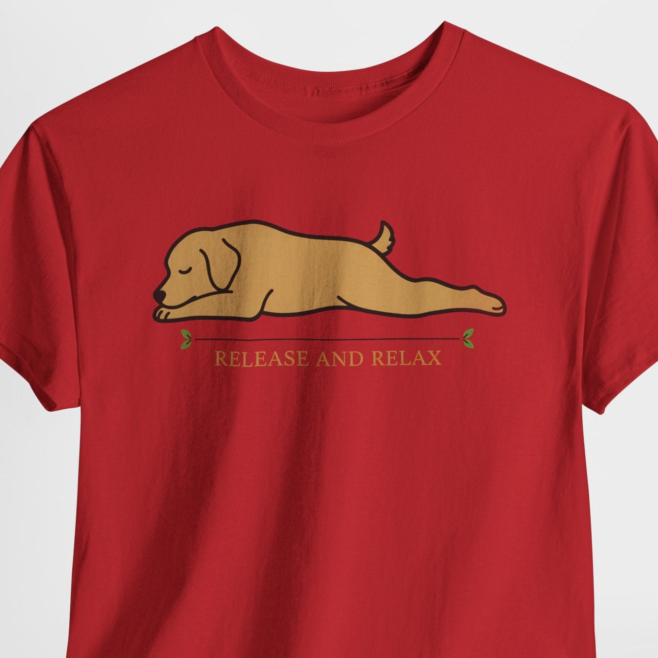 Red t-shirt with a yellow dog graphic and text on a white background