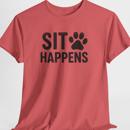 Red t-shirt with 'SIT HAPPENS' text and paw print on a light gray background