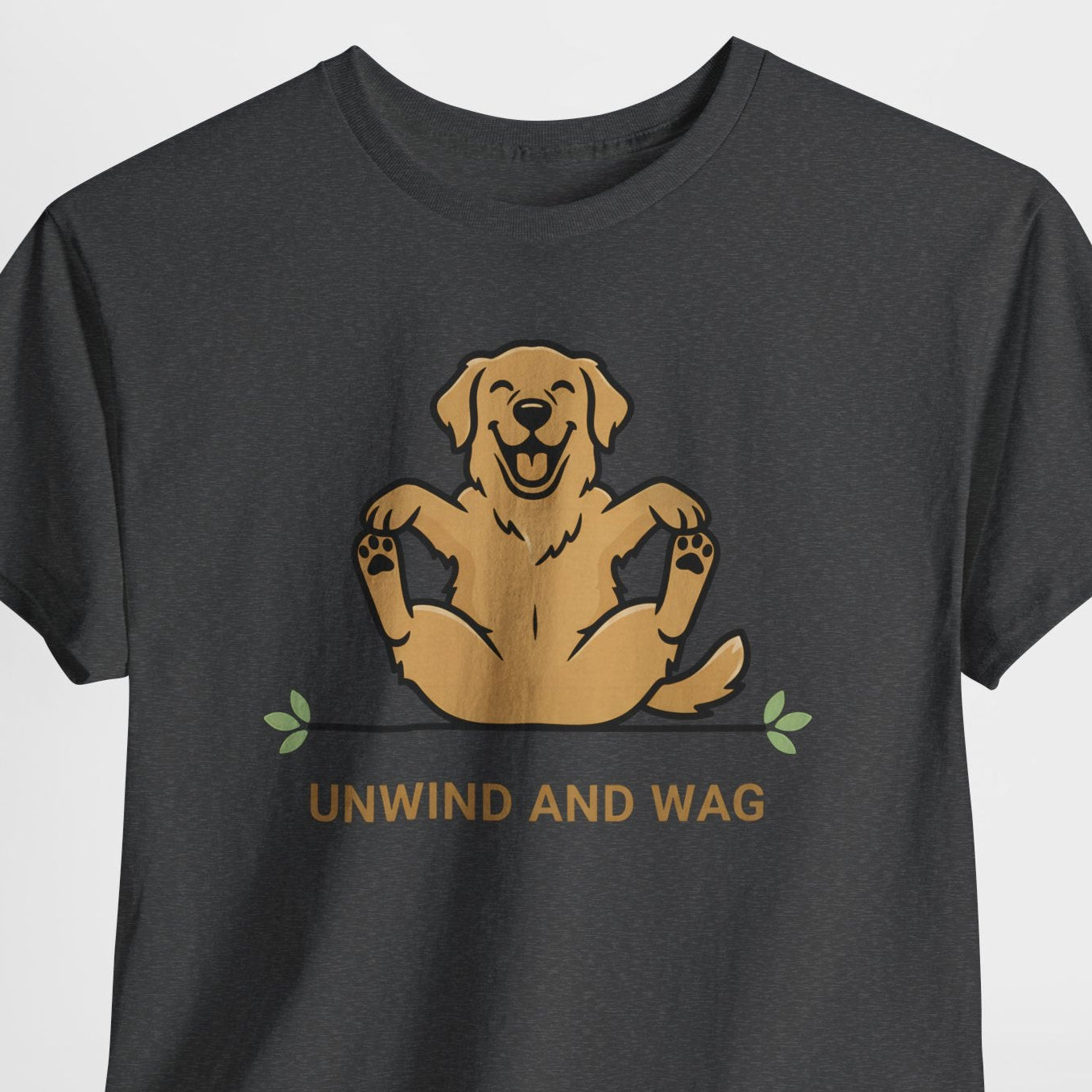 Black t-shirt with a dog graphic and 'Unwind and Wag' text on a light gray background