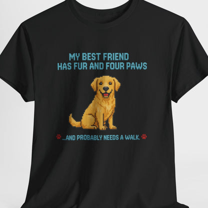 Black t-shirt with a dog graphic and text on a white background