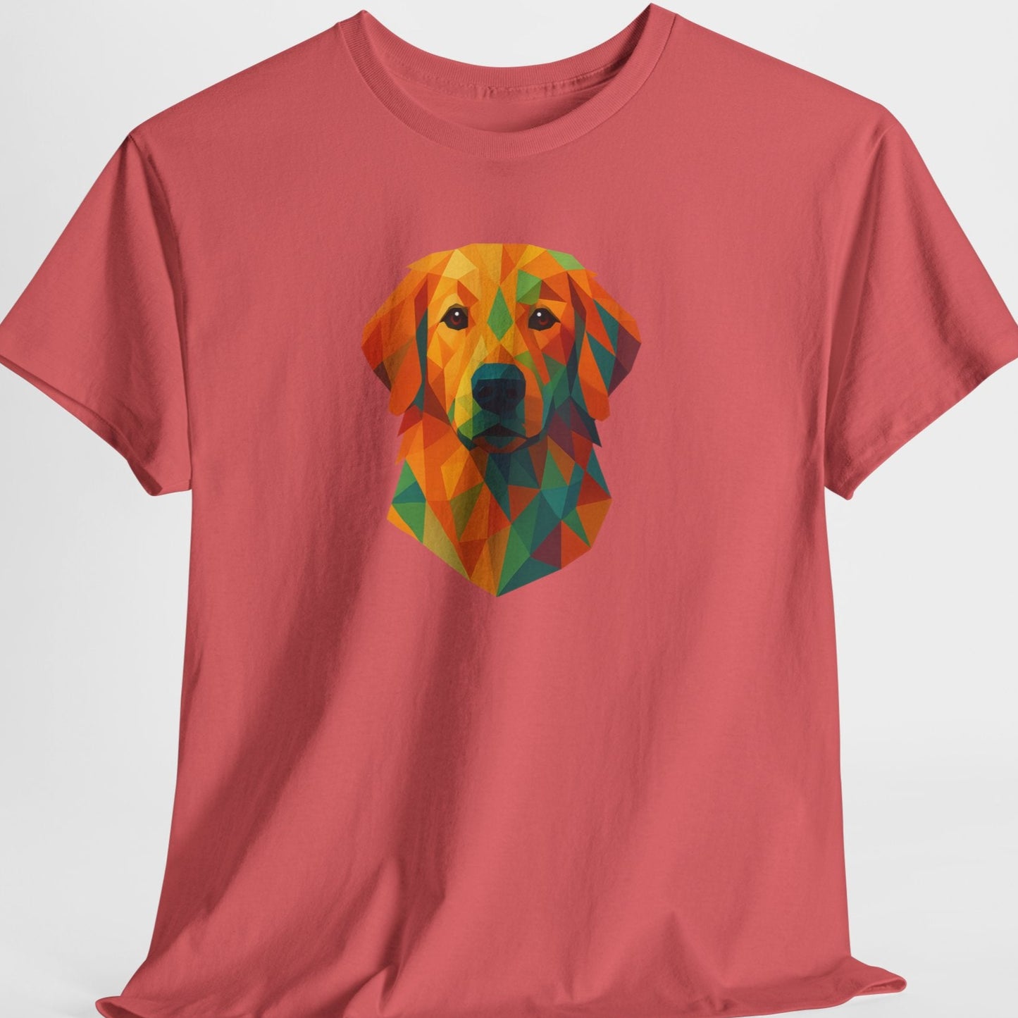 Red t-shirt with a colorful dog graphic on a white background