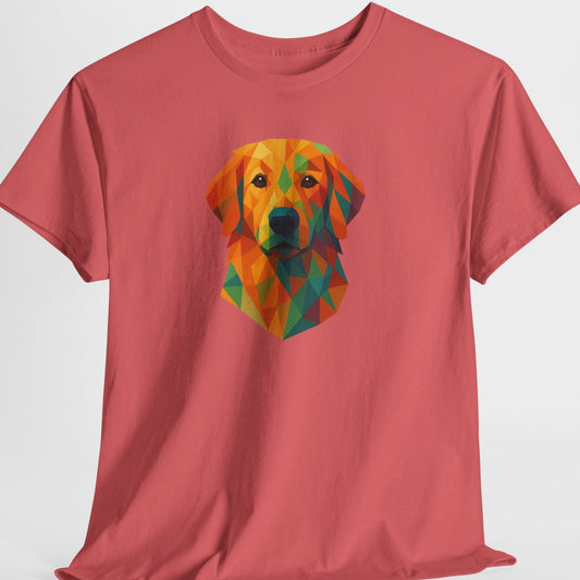 Red t-shirt with a colorful dog graphic on a white background
